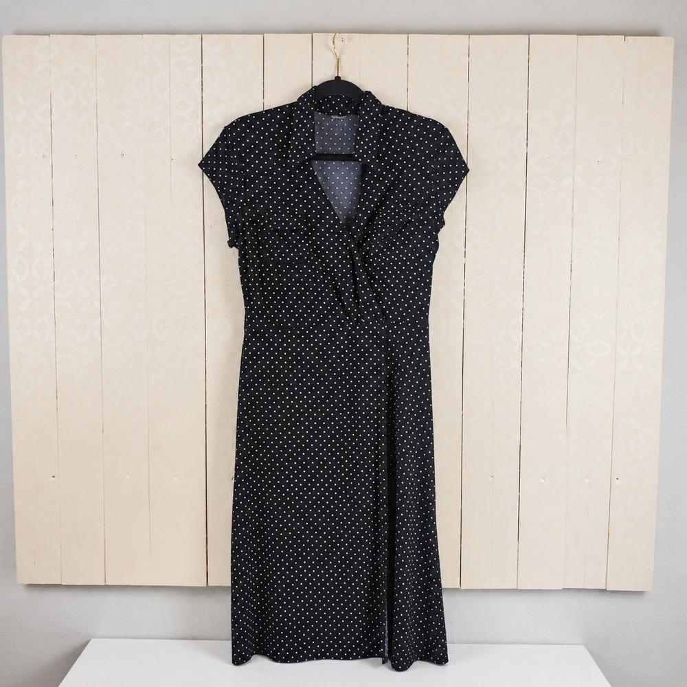 Black White Polka Dot Wrap Dress Short Sleeve Collared Midi Pockets 30 Waist
